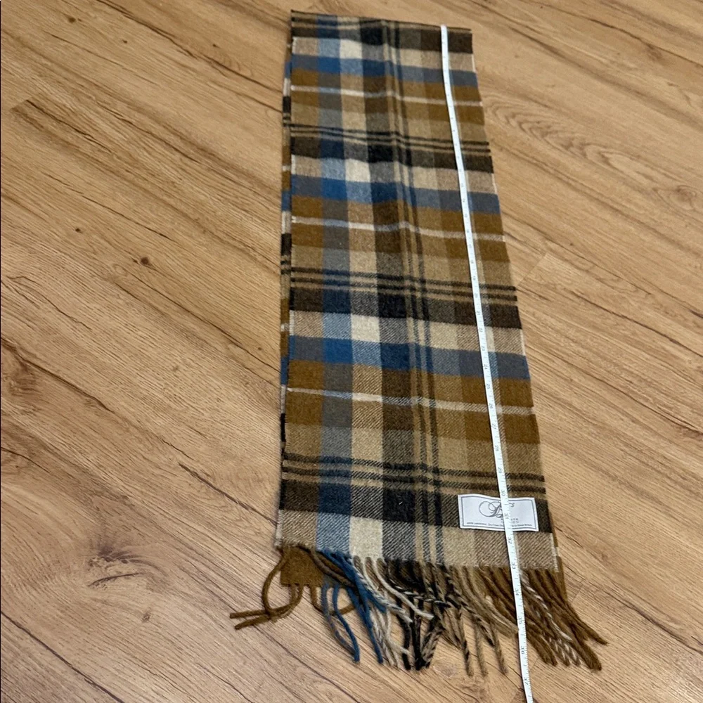 Elegant Plaid Scarf in Blue, Brown, and Cream